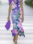 Femmes Floral Violet à Épaules Dénudées Confortable Imprimé Robe Maxi Rétro