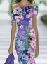 Femmes Floral Violet à Épaules Dénudées Confortable Imprimé Robe Maxi Rétro