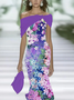 Femmes Floral Violet à Épaules Dénudées Confortable Imprimé Robe Maxi Rétro