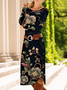 Femmes Floral Noir Col Rond Confortable Robe Mi-Longue Décontracté