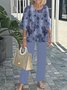 Deux Pièces Ensembles Géométrique Rétro Printemps / Automne Polyester Naturel Ample Manches trois quarts Top Avec Pantalons Régulier pour Femmes