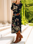 Femmes Floral Noir Col Rond Confortable Robe Mi-Longue Décontracté
