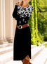 Femmes Floral Noir Col Rond Confortable Robe Mi-Longue Décontracté