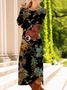 Femmes Floral Noir Col Rond Confortable Robe Mi-Longue Décontracté