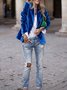 Micro-élasticité à Col Revers Manches Longues Boutons Régulier Plain Blazer Joint Fendu pour Femmes