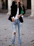 Micro-élasticité à Col Revers Manches Longues Boutons Régulier Plain Blazer Joint Fendu pour Femmes