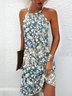 Robe d'été de grande taille caraco attaché au cou floral sans manches bleu