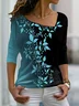 T-shirt Femmes Décontracté Feuille Automne Col V Léger Ample Manches Longues Régulier Droit