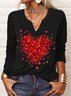 T-Chemise Décontracté Printemps Coeur/cordé Col V Quotidien Ample Jersey Manches Longues Régulier pour Femmes