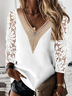 Tops Décontracté Plain Printemps Col V Micro-élasticité Ample Manches Longues Droit Régulier pour Femmes
