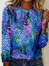Chemisiers1 Femmes Printemps / Automne Simple Bleu Floral Polyester Micro-élasticité Coupe Régulière Col Rond Régulier Droit