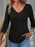 T-shirts Occasionnel Plain Printemps / Automne Col V Micro-Élasticité Quotidienne Ample Manches 3/4 Manche Régulier pour Femmes