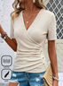 T-shirts Décontracté Plain Été Polyester Col V Micro-élasticité Ample Manches Courtes Régulier pour Femmes
