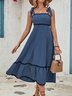 Femmes Bloc de Couleur Bleu à Bretelles Confortable Robe Mi-Longue Décontracté
