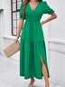 Femmes Plain Vert Col V Confortable Robe Maxi Décontracté