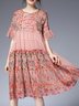 Femmes Floral Rose Col Rond Confortable Dentelle Court Robe Décontracté