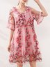Femmes Floral Rose Col V Confortable Dentelle Court Robe Décontracté
