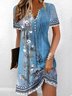 Femmes Floral Bleu Entaillé Confortable Boucle Mini Robe Décontracté