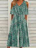 Combinaisons Été Vacances Petit Floral Col V Viscose Naturel Long Droit Régulier pour Femmes