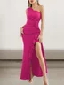 Femmes Plain Noir Une Épaule Dénudée Confortable Robe Maxi Sexy