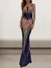 Femmes Plain Bleu Col V Confortable Robe Maxi Sexy