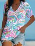 T-shirts Femmes Décontracté Été océan Motif Col V Micro-élasticité Ample Manches Courtes Régulier Régulier