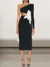Femmes Plain Noir Une Épaule Dénudée Confortable Robe Mi-Longue Sexy