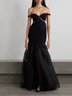 Femmes Plain Noir À Épaules Dénudées Confortable Robe Maxi Sexy