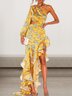 Femmes Floral Or Une Épaule Dénudée Confortable Robe Maxi Sexy
