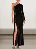 Femmes Plain Noir Une Épaule Dénudée Confortable Robe Maxi Sexy