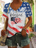 T-shirts Femmes Décontracté Été Le jour de l'indépendance (Drapeau) Polyester Col V Micro-élasticité Ample Manches Courtes Droit