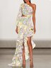 Femmes Floral Blanc-Jaune Une Épaule Dénudée Confortable Robe Maxi Sexy