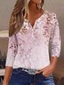 T-shirts Femmes Décontracté Floral Printemps / Automne Col V Micro-élasticité Jersey Manches trois quarts Régulier Droit
