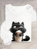 T-shirts Décontracté Printemps / Automne Chat Ample Manches Longues Col Rond en Mélangé de Coton Droit Oui pour Femmes