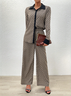 Deux Pièces Ensembles Femmes Géométrique Décontracté Printemps / Automne Micro-élasticité Ample Manches Longues Top Avec Pantalons Droit Col de Chemise
