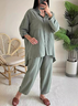 Deux Pièces Ensembles Femmes Géométrique Décontracté Printemps / Automne Naturel Micro-élasticité Quotidien Coton Et Lin Manches Longues Top Avec Pantalons