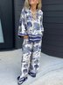 Deux Pièces Ensembles Femmes Abstrait Décontracté Été Polyester Col V Ample Demi Manche Top Avec Pantalons Droit