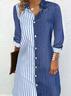 Femmes Rayé Bleu Col de Chemise Confortable Mini Robe Décontracté