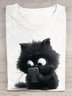 T-shirts Femmes Décontracté Été Chat Coton Ample Manches Courtes Col Rond Régulier Élasticité moyenne