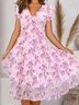 Femmes Floral Bleu Ciel Col V Confortable Robe Mi-Longue Décontracté