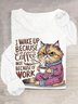 T-shirts Femmes Décontracté Printemps / Automne Chat Quotidien Manches Longues Col Rond en Mélangé de Coton Droit Élasticité moyenne