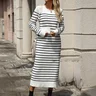 Femmes Rayé Blanc Col Rond Confortable Mi-longue Robe Pull Décontracté