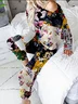 Deux Pièces Ensembles Femmes Décontracté Floral Printemps / Automne Coton Naturel Manches Longues Col Rond Top Avec Pantalons Droit