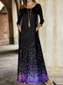 Femmes Ombre Noir Col Rond Confortable Poche Couture Robe Maxi Décontracté