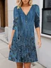 Femmes Floral Bleu Col V Confortable Imprimé Robe Mi-Longue Rétro