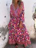 Femmes Floral Rose Foncé Col V Confortable Robe Mi-Longue Décontracté