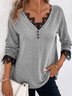 T-shirts Femmes Décontracté Plain Printemps / Automne Col V Quotidien Ample Droit Régulier avec Bordure en Dentelle