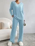 Deux Pièces Ensembles Femmes Décontracté Plain Printemps / Automne Col V Naturel Manches Longues Top Avec Pantalons Droit Régulier