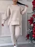 Deux Pièces Ensembles Décontracté Plain Printemps / Automne Micro-élasticité Quotidien Col Rond Top Avec Pantalons Droit Régulier pour Femmes