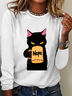 T-shirts Décontracté Printemps / Automne Chat Ample Manches Longues en Mélangé de Coton Régulier Droit Régulier pour Femmes